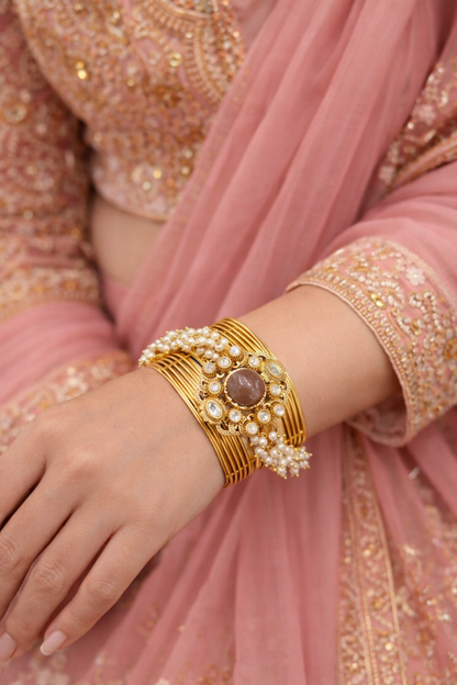 Gold-Toned Kada Bangle with Mossonite Stone