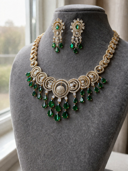 Emerald & Diamond Look Gold-Plated Necklace Set