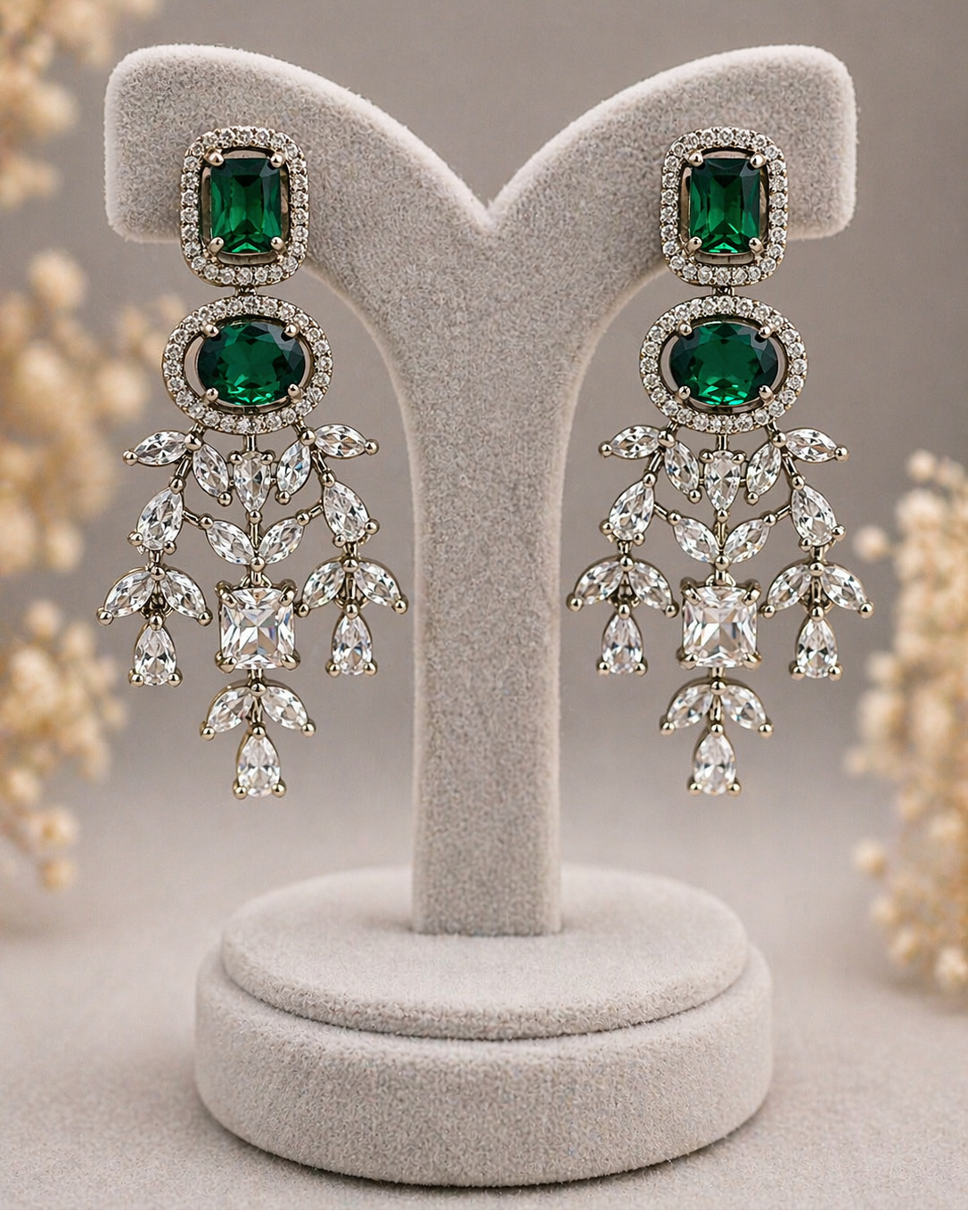 Victorian Emerald & Diamond Replica Statement Necklace Set-G353800