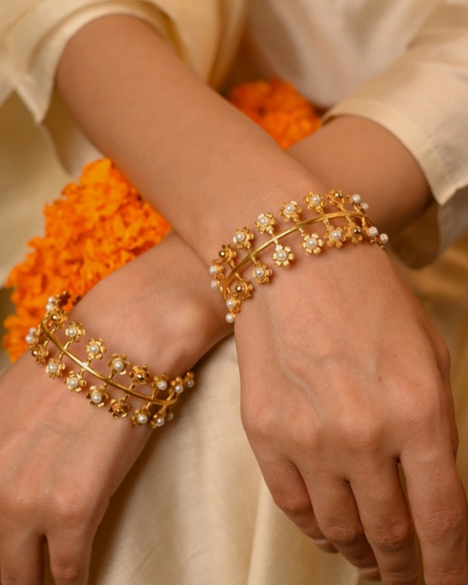 Fusion Pearl & Gold Plated Floral Bangles (Set of 2)-G351000