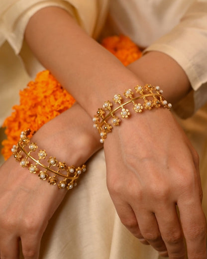 Fusion Pearl & Gold Plated Floral Bangles (Set of 2)-G351000