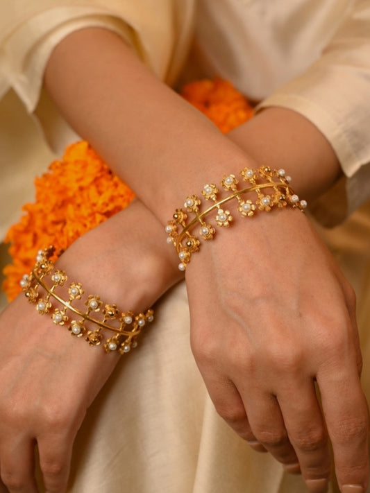 Fusion Pearl & Gold Plated Floral Bangles (Set of 2)-G351000