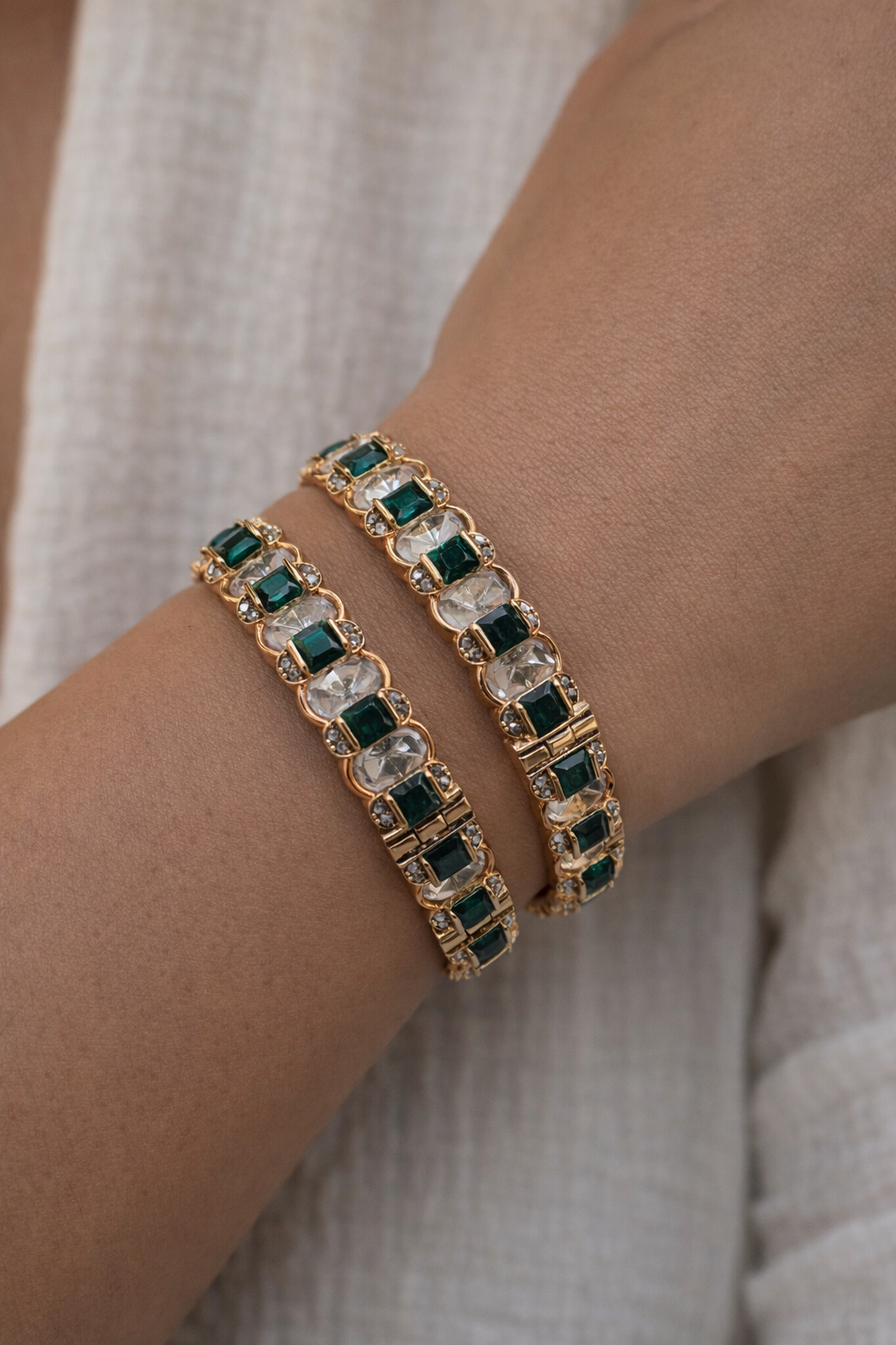 Emerald Green & Clear Stone Gold-Plated Bangle Set(Set of 2)