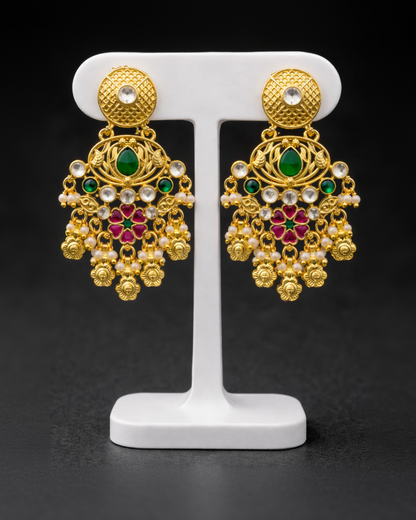Heritage Ruby Green Stone Pearl Drop Earrings-G351800