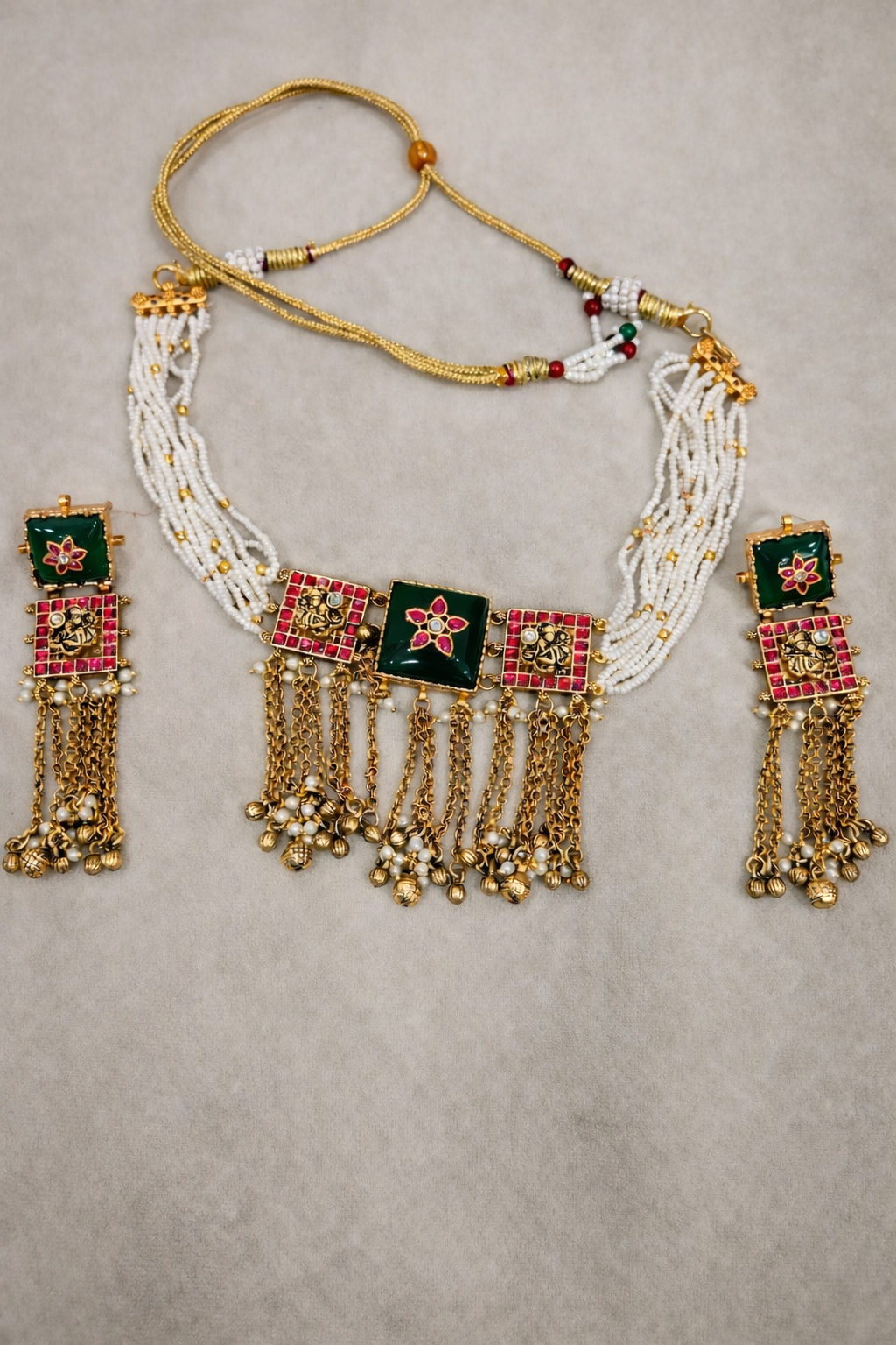 Emerald Green & Pearl Kundan Choker Set with Dangling Earrings
