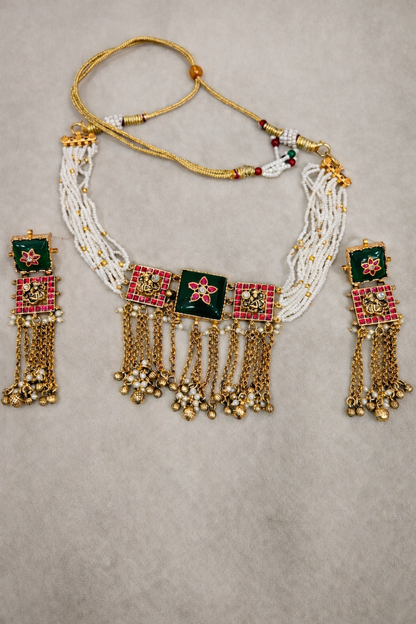 Emerald Green & Pearl Kundan Choker Set with Dangling Earrings