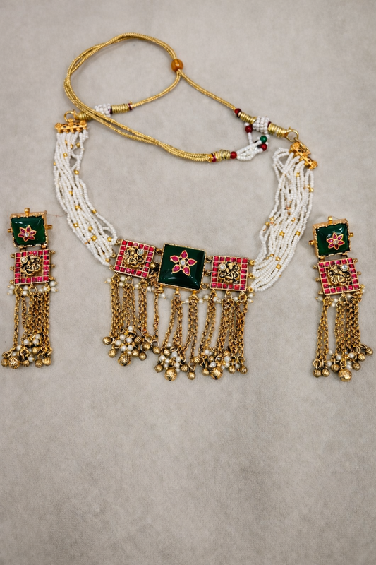 Emerald Green & Pearl Kundan Choker Set with Dangling Earrings