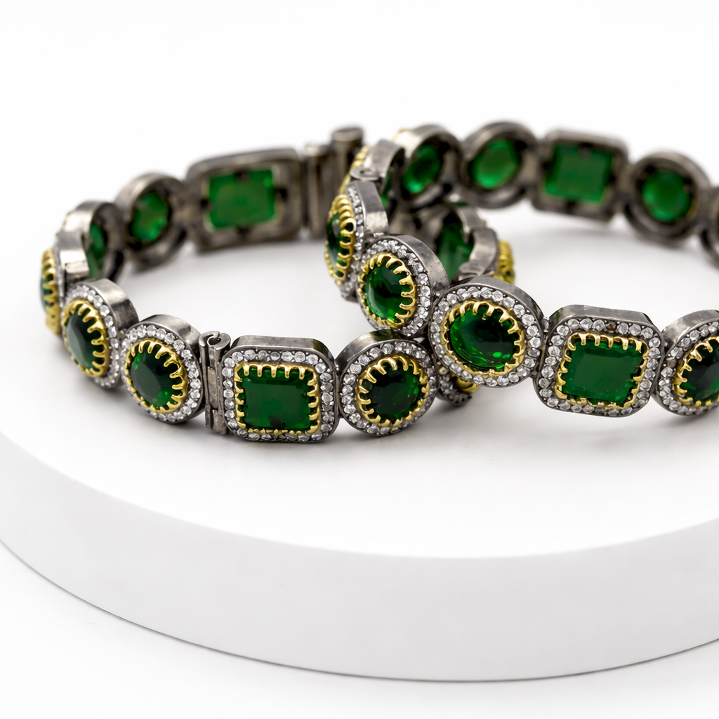 Victorian Emerald & American Diamond Bangles (Set of 2)