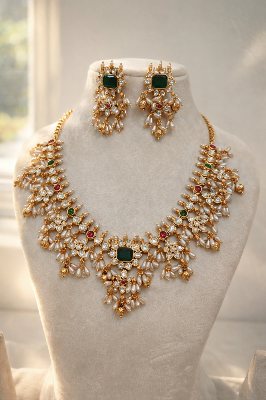 Elegant Polki and Rice Pearl Bridal Jewelry Set