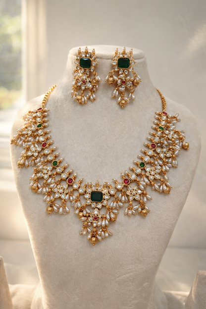 Elegant Polki and Rice Pearl Bridal Jewelry Set