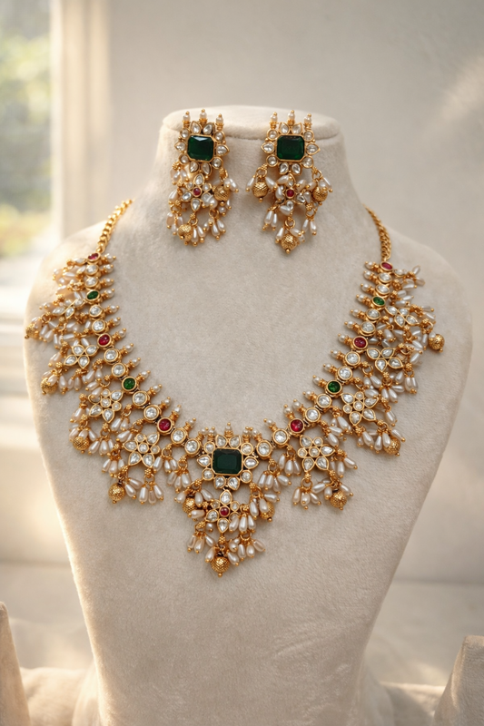 Elegant Polki and Rice Pearl Bridal Jewelry Set