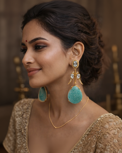 Sabyasachi Inspired Amazonite & Polki Kundan Drop Earrings-G351100