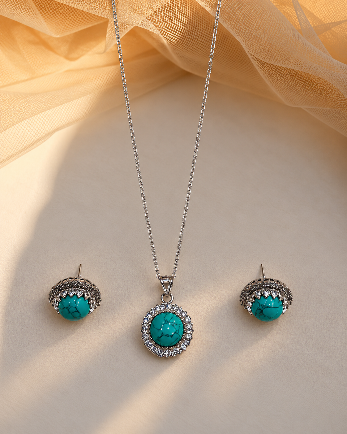 Turquoise Silver Tone Pendant Set-PS2308