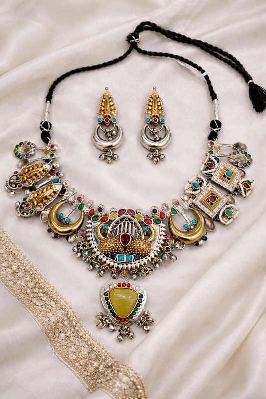 Oxidized Silver Peacock Motif Navratna Necklace Set-G353800