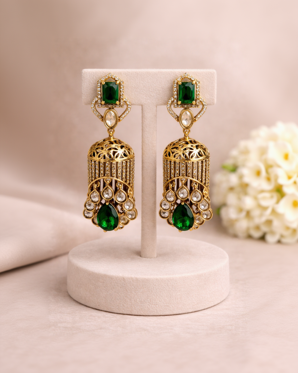 Ornate Gold and Gemstone Jhumka Earring-G351400