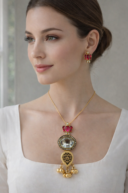 Pachi Kundan Pendant Chain with Matching Studs-G352500