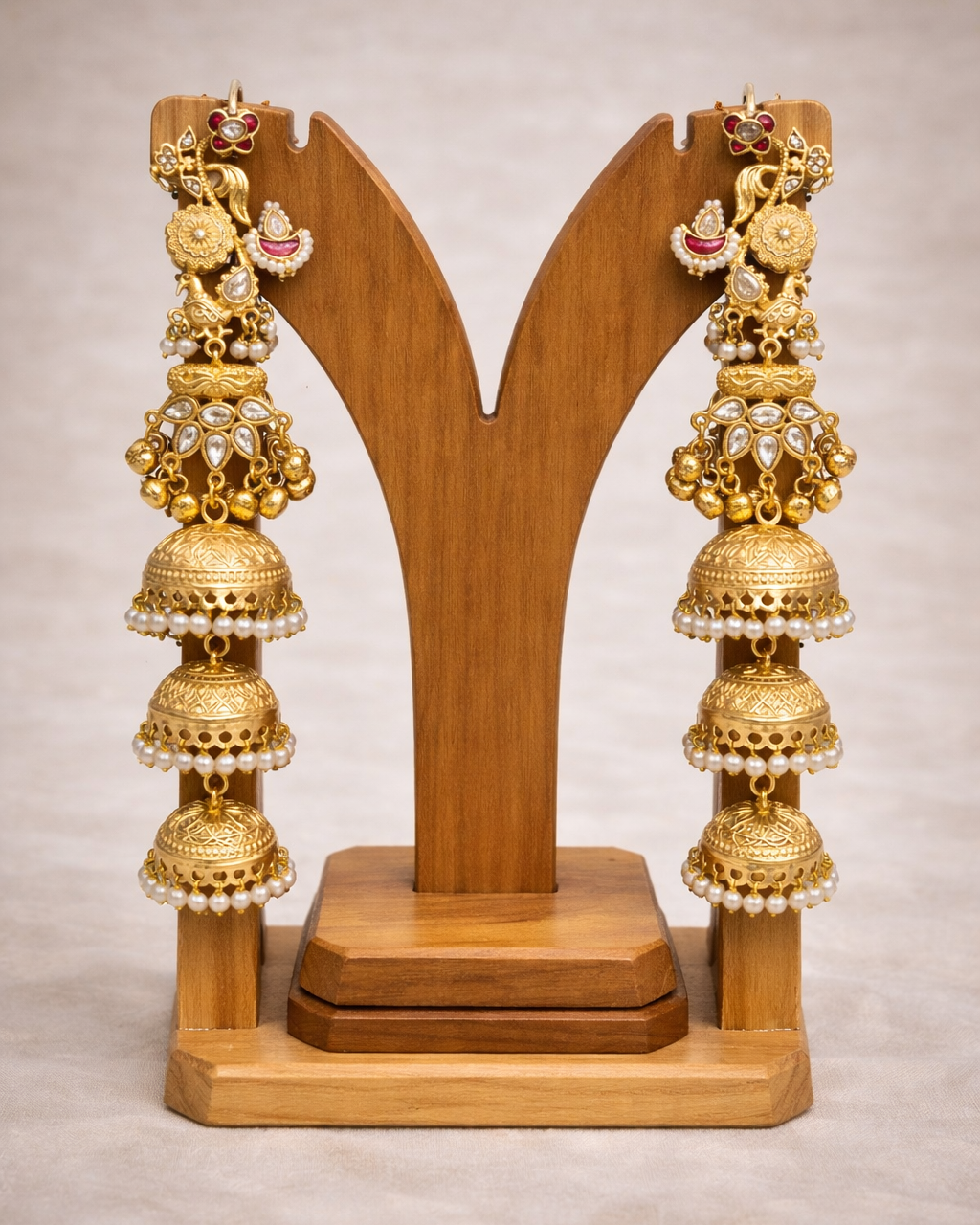 Royal Kundan & Pearl Drop Layered Jhumka Earrings-G351799