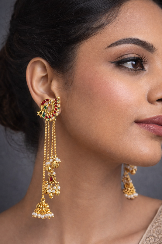 Long Kashmiri Peacock Jhumka with Multi-Chain Earrings-G352800