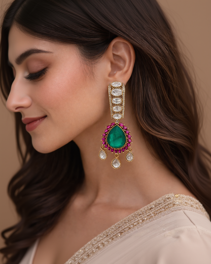 Ruby Green Finest Polki Kundan Indian Bridal Dangle Earrings-G351500