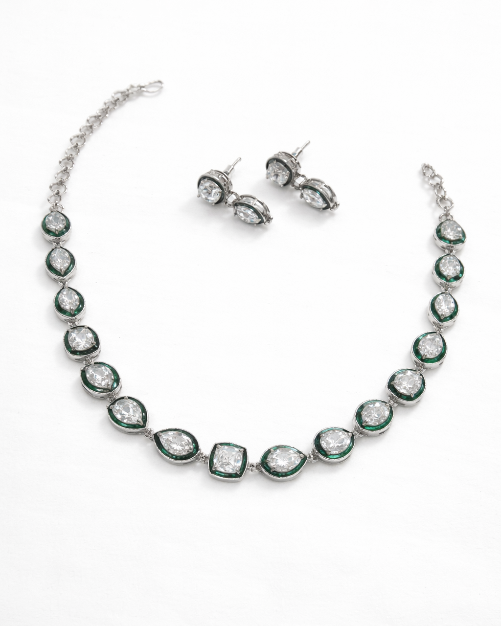Silver-Toned Cubic Zirconia  Necklace Set-G3300