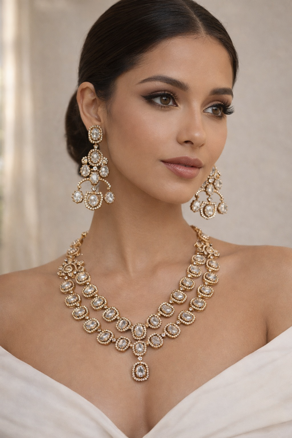 Two Line Clear Diamond Necklace Set-G354200