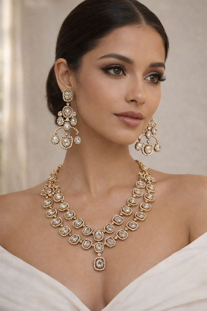 Two Line Clear Diamond Necklace Set-G354200