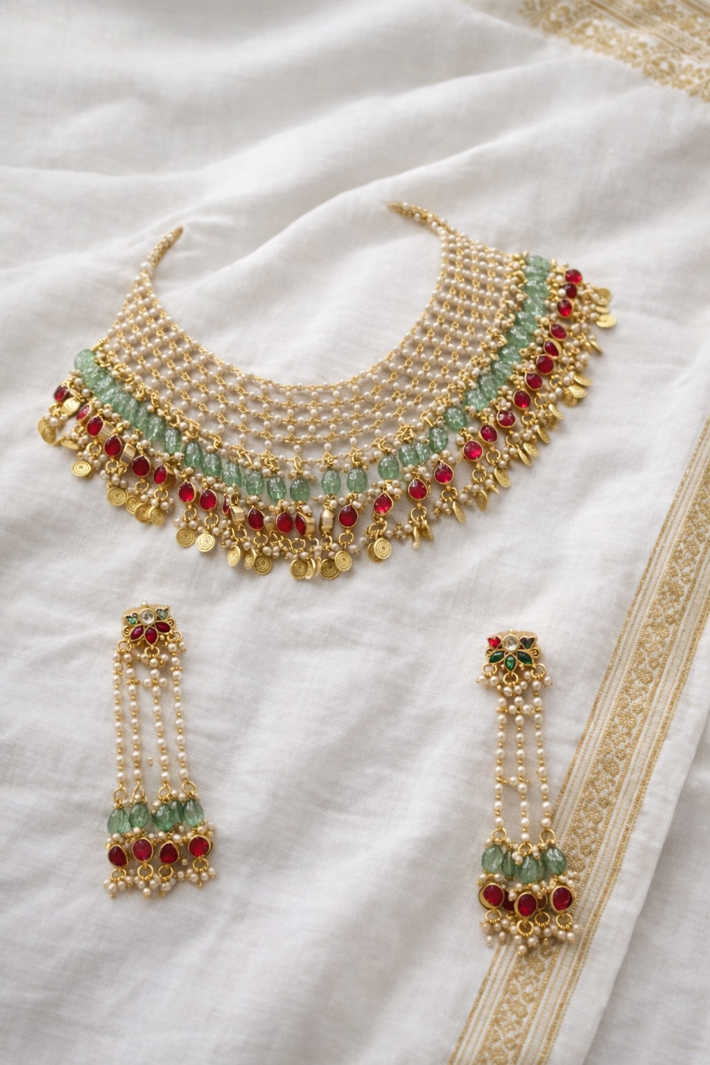 Multi-Layered Jadau and Pearl Choker with Gold Coin Drops