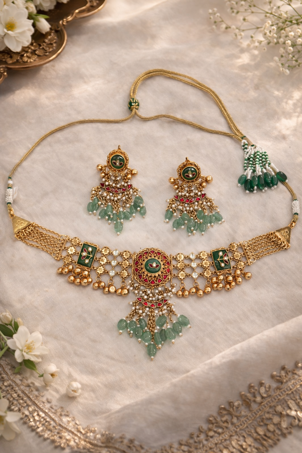 Ruby & Pearl Meena Work Choker Necklace Set