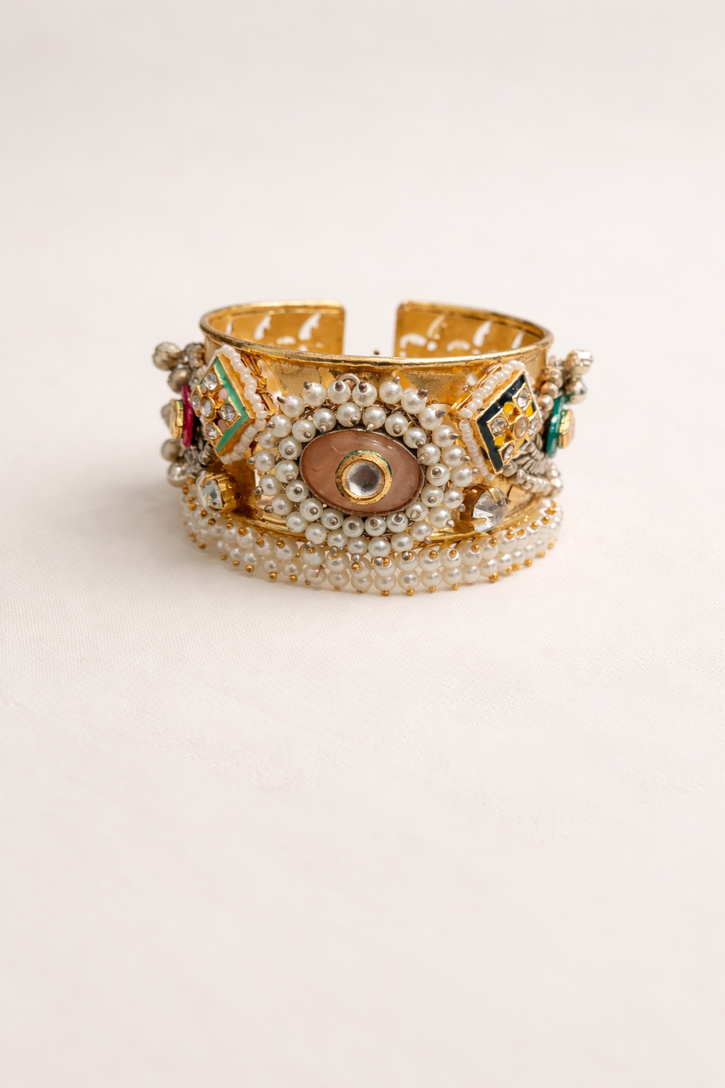 Kundan & Pearl Embellished Gold-Plated Cuff Bangle