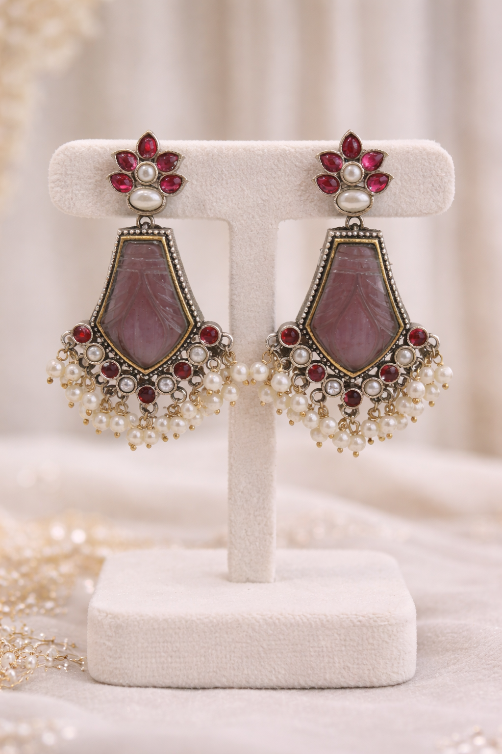 Oxidised Silver Amethyst & Pearl Silver Necklace Set-G352500