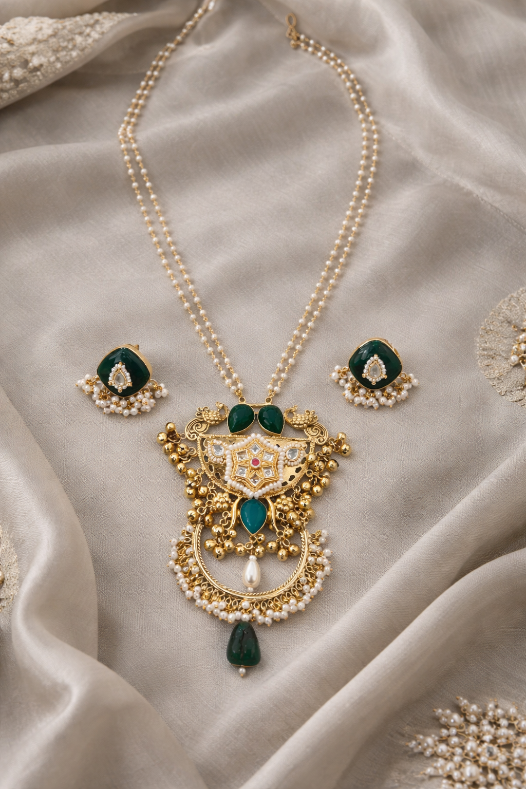 Emerald & Pearl Kundan-Style Gold-Toned Pendant Set-G353300
