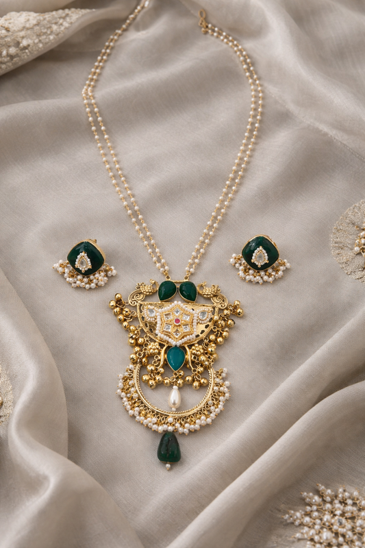 Emerald & Pearl Kundan-Style Gold-Toned Pendant Set-G353300