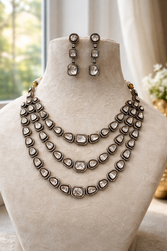 Mossointe Uncut 3 Layered Necklace Set with Bracelet & Earrings