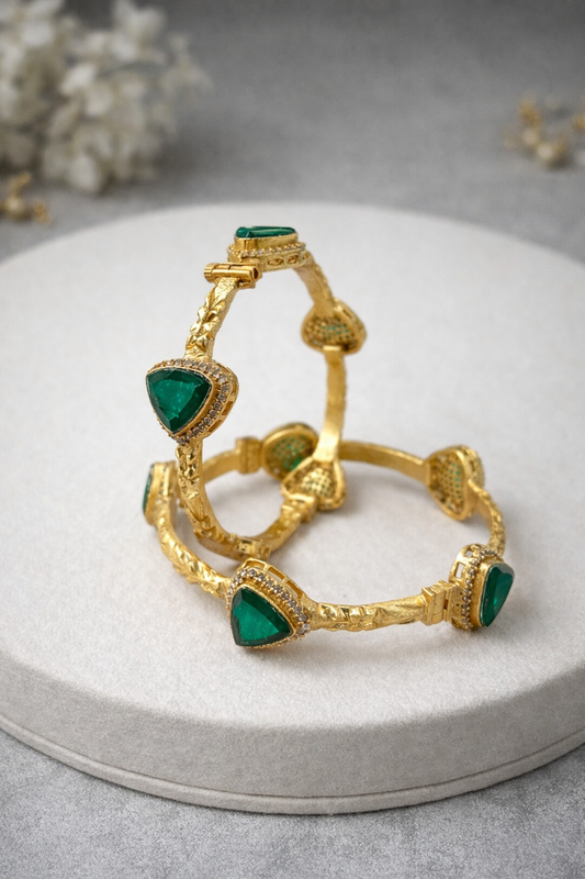Emerald Green Stone & Gold Plated Bangles(Set of 2)-G357100