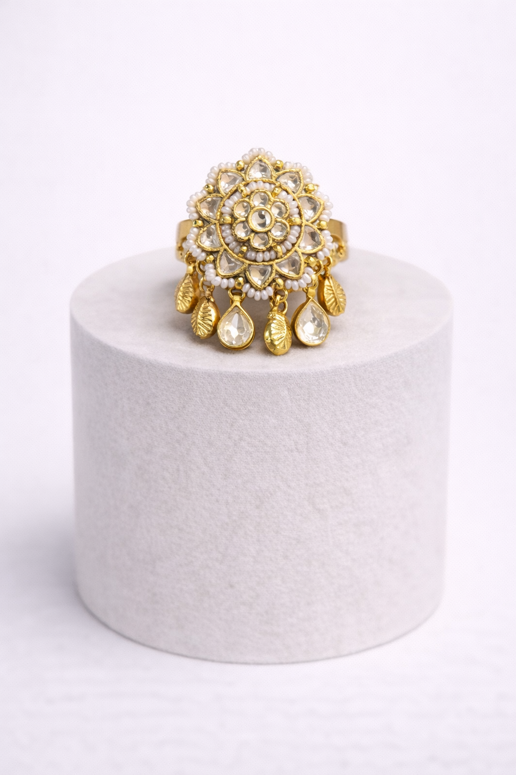 Gold Finish White Kundan Polki Ring