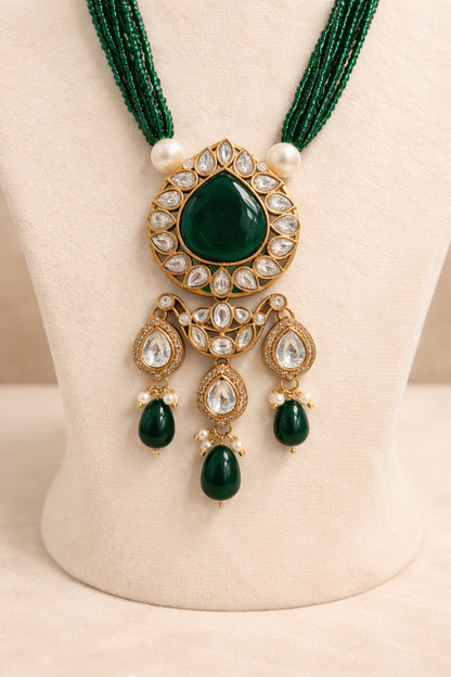 Kundan Polki Onyx Beads Gold Tone Long Pendant Necklace set