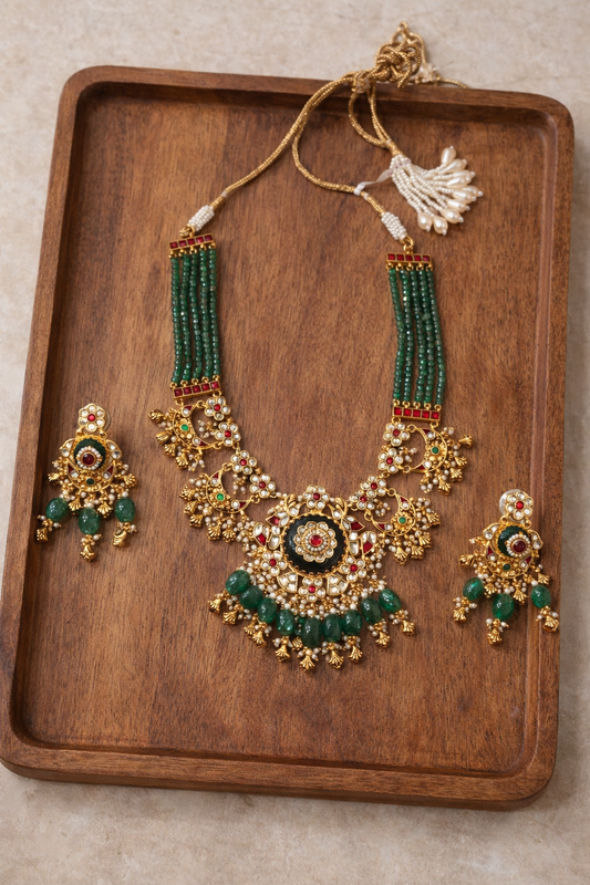 Green Kundan & Pearl Gold Plated Bridal Necklace Set