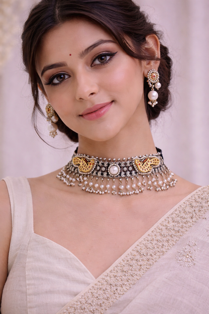 Oxidised Silver Dual-Tone Antique Haasil Necklace Set-G351300