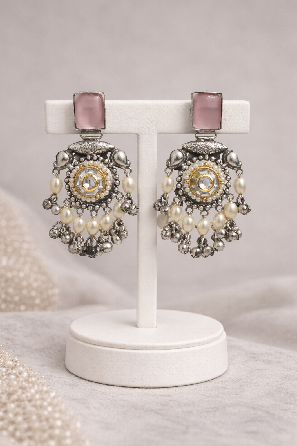 Oxidized Silver Pink Stone and Pearl Choker Hasli Set-G351800