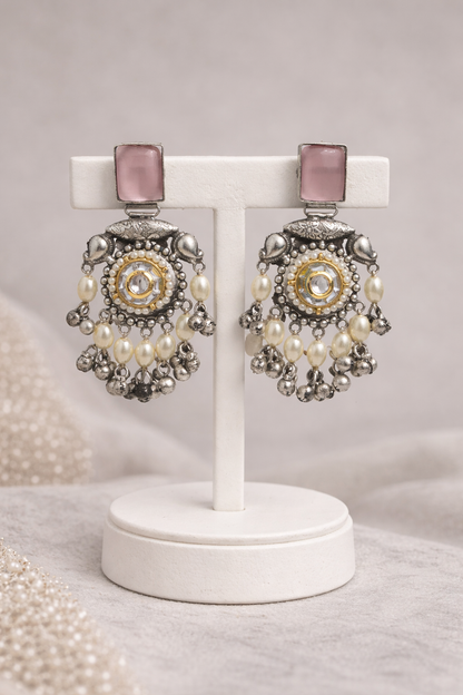 Oxidized Silver Pink Stone and Pearl Choker Hasli Set-G351800