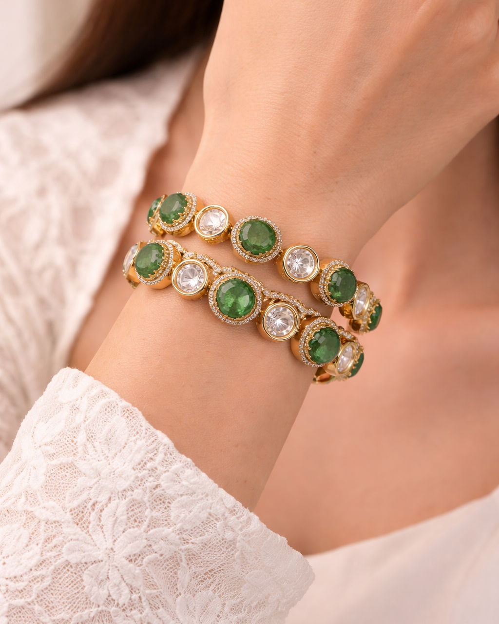Emerald & Polki Diamond Gold-Plated Bangles(Set of 2)-G352400