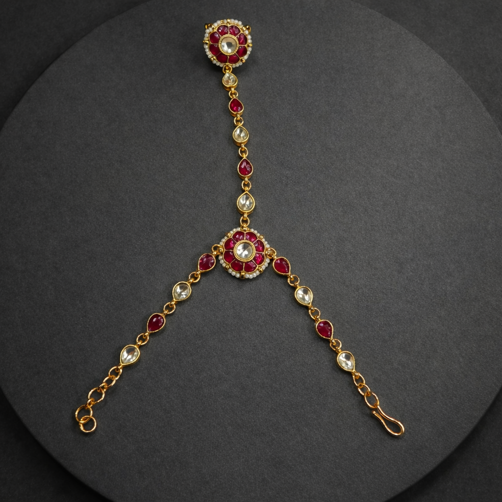 Gold-Toned Hand Harness with Ruby & Pearl Accents-G351400