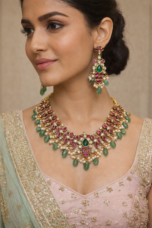 Jadau Floral Kundan Necklace & Earring Set-G353700