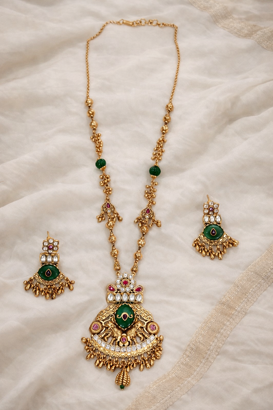 Heritage Green Stone Studded Antique Finish Pendant Set