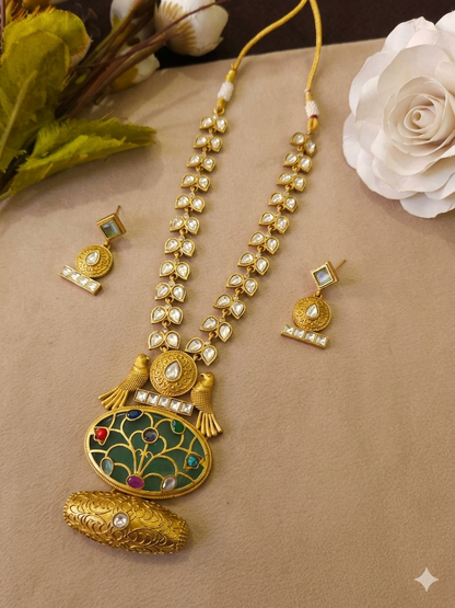 Fusion Kundan Polki Necklace Set Green-G351800