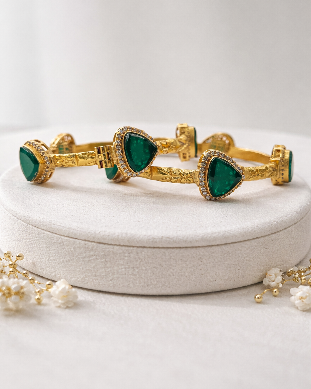 Emerald Green Stone & Gold Plated Bangles(Set of 2)-G357100