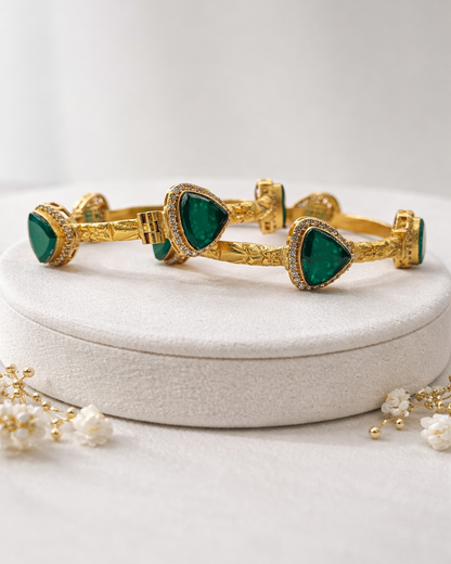 Emerald Green Stone & Gold Plated Bangles(Set of 2)-G357100