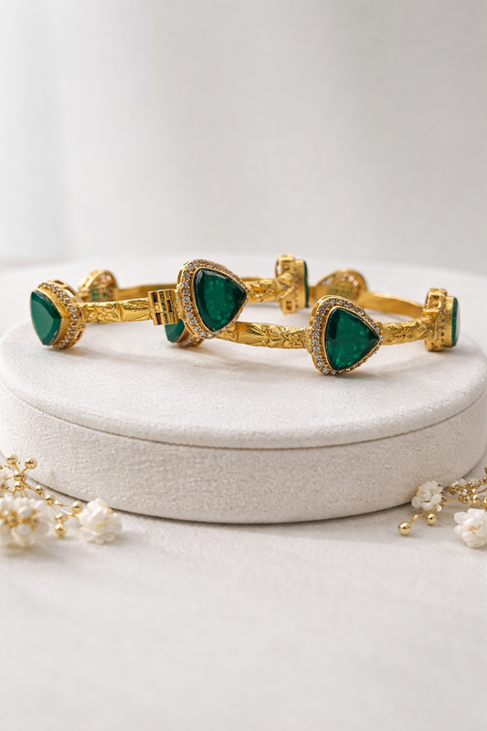 Emerald Green Stone & Gold Plated Bangles(Set of 2)-G357100