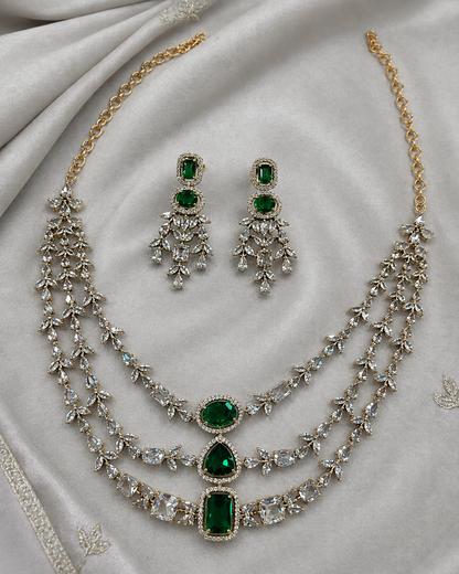 Victorian Emerald & Diamond Replica Statement Necklace Set-G353800