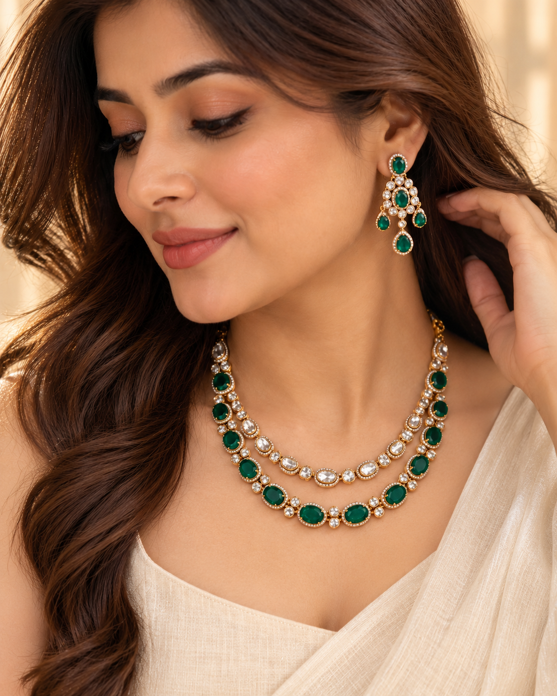 Moissanite Emrald Two line Necklace Set-NK2303